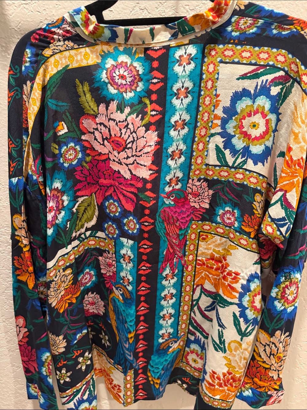 Johnny Was Multicolor Floral Patchwork Button-Down Silk Blouse - Picture 6 of 6